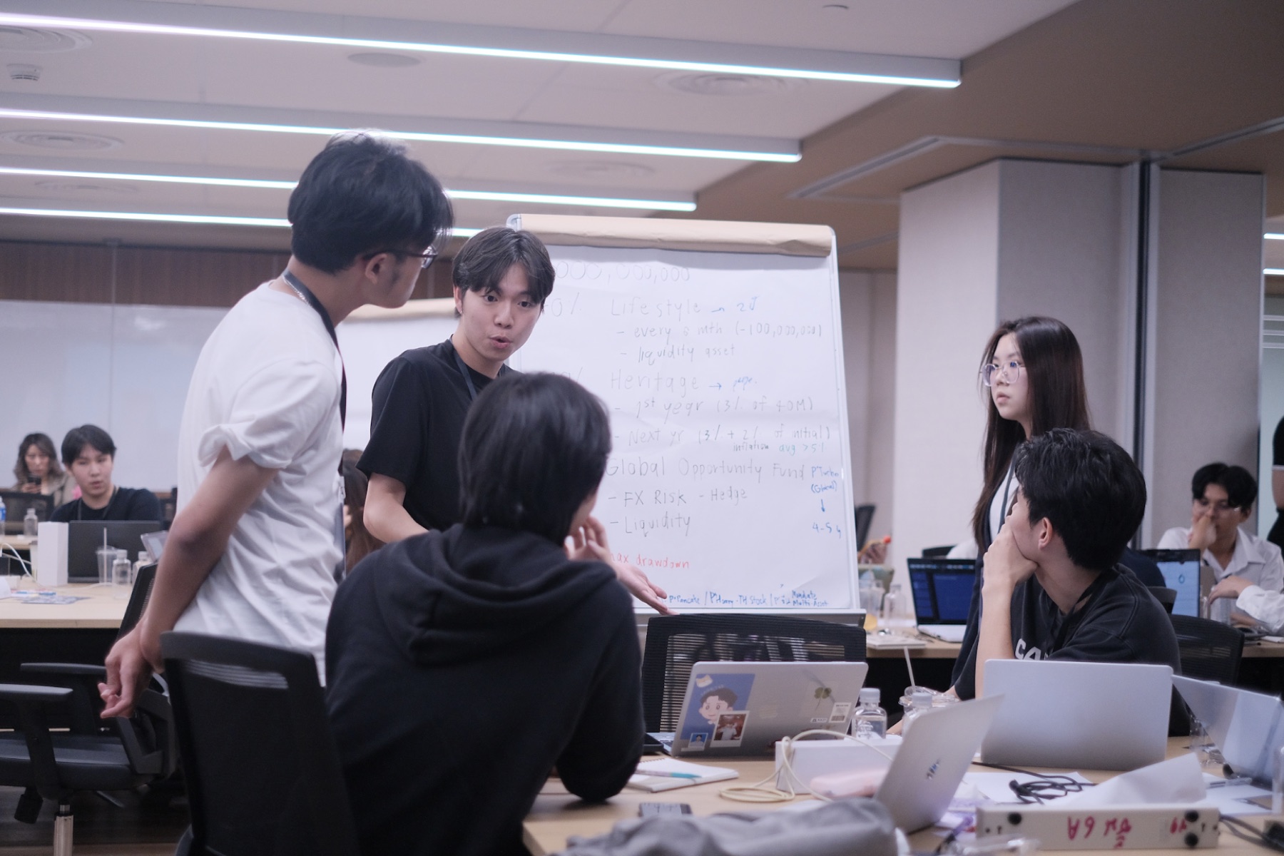 A student team works around a whiteboard during the hackathon